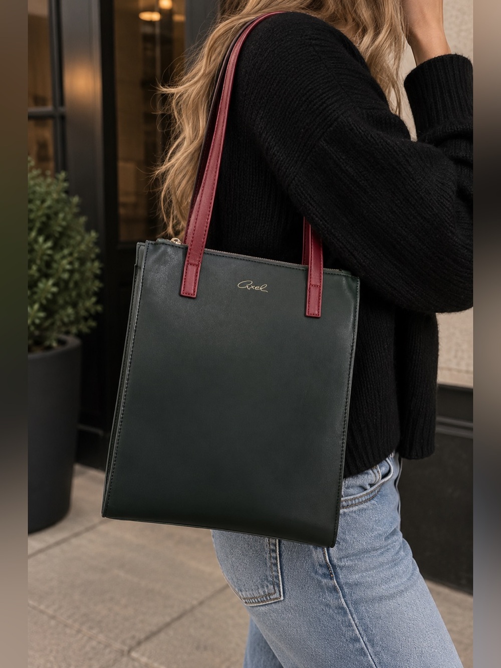 Axel Dark Green & Burgundy Structured Shoulder Tote Bag
